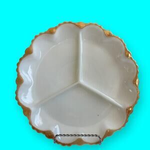 Vtg Milk Glass 3 Part Relish Dish Anchor Hocking Fire-King 22K Gold Trim 10”